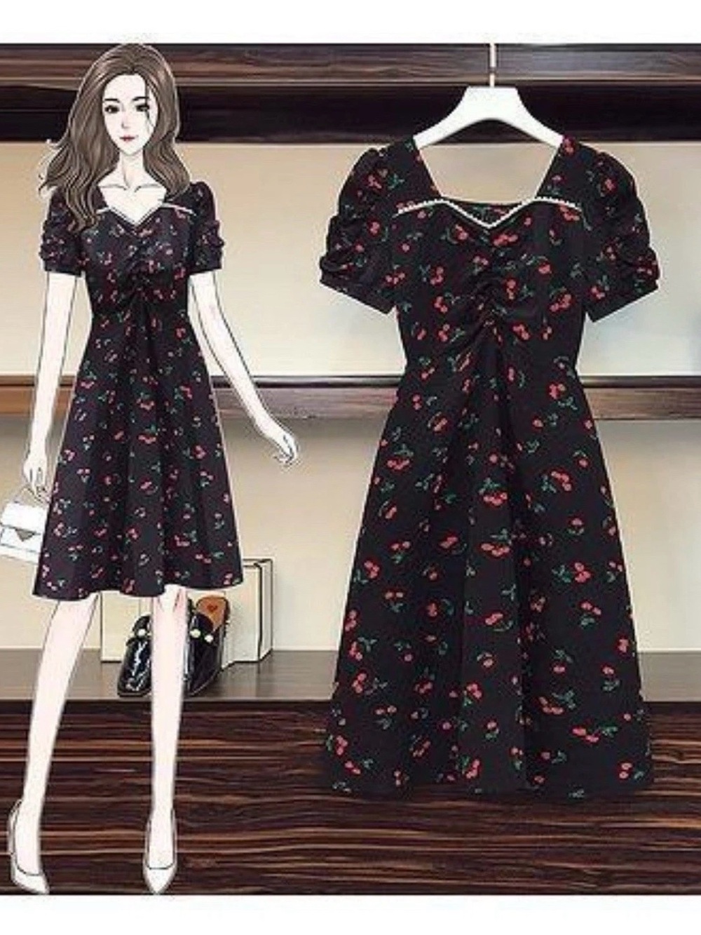 Large 10/12 Cherries Black Vintage Style Black Cherry Print Swing Dress Stretch